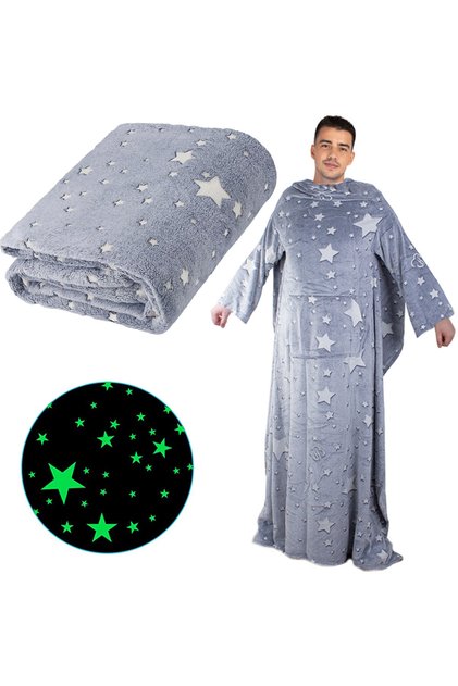 Patura cu maneci tip hanorac, din fleece, cu stele fluorescente, captuseala moale si calduroasa, marime universala, unisex, gri