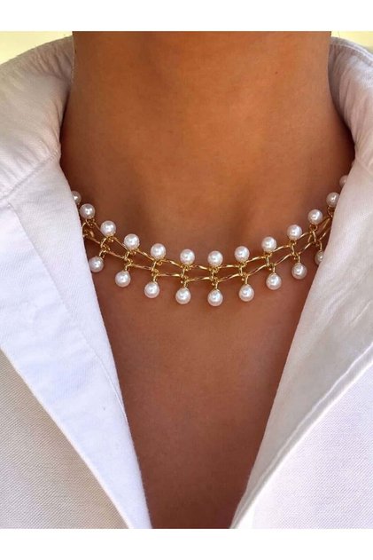 Geometrik Bağlantılı İnci Choker Kolye