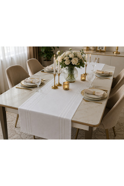 %100 Polyester Dertsiz Leke Tutmaz Şerit Desenli Runner Masa Örtüsü 34x220 cm
