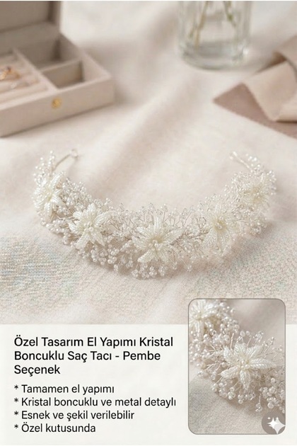 Special Design Crystal Beaded Hair Crown 30 cm - White Pearl Shades Handcrafted Stone Crown- Bridal Crown-Pearl Crown