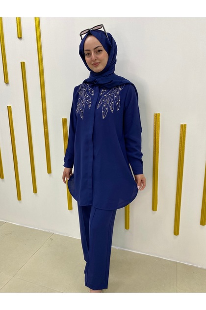 Taş İşlemeli Tesettür İkili Takım – Şık Abiye Pantolon Tunik Takım