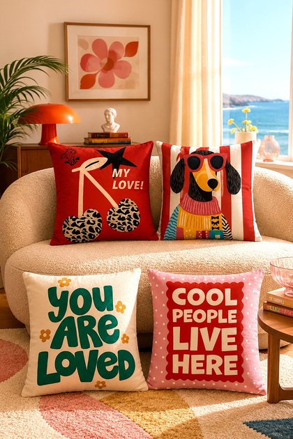 KokoÅŸ Dog with Glasses Patterned 4-Piece Throw Pillow Cover Set