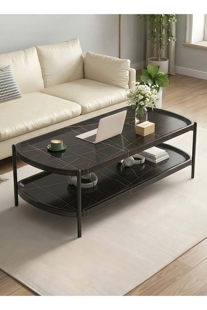 2-Tier Wooden Coffee Table with Metal Legs, Modern Center Table, Black, 120x60x51cm, Office
