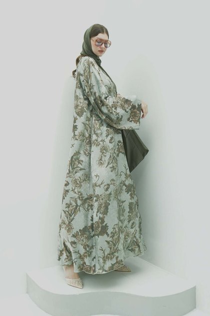 Metallic Vintage Floral Abaya with Dress (3 pieces set)
