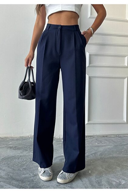 Women's High Waist Pleated Wide Leg Fabric Palazzo Navy Blue Fabric Trousers Office Daily Stylish