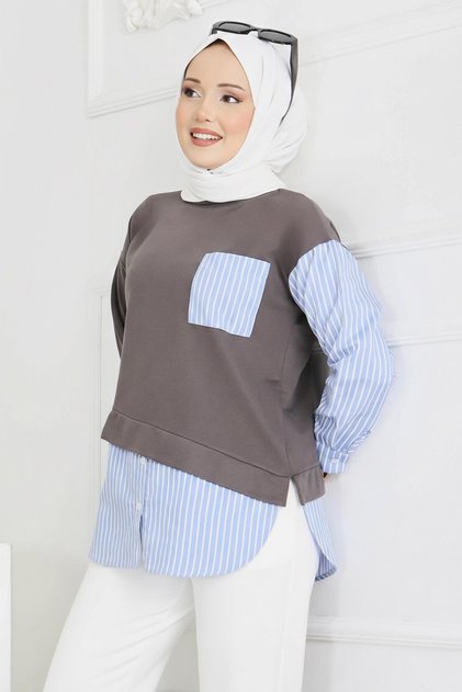 Etek Ve Cep Çizgili Detaylı Tunik Füme - 2064-FUME