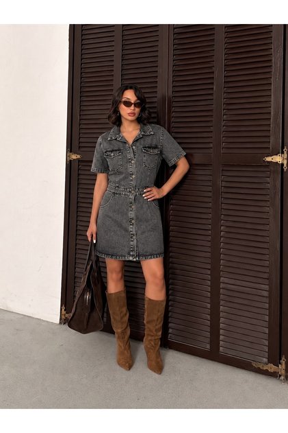 Snow Black Front and Back Pockets Full Button Closure Denim Jeans Dress