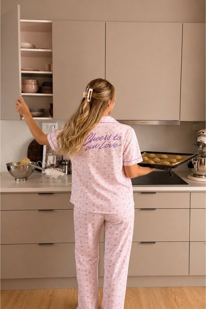 Shirt Collar Short Sleeve Buttoned Checkered Heart Patterned Shorts Milan Women's Pajama Set