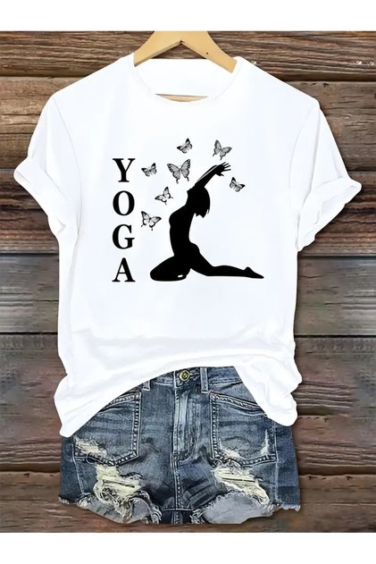 Women's Butterfly Yoga Design Printed T-Shirt Oversize Loose (1011)