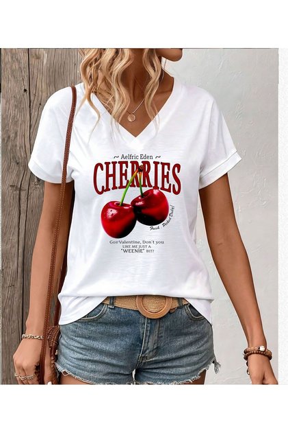 Women's V-Neck White T-Shirt Printed Oversize Loose Fit
