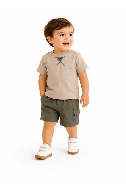 Boy's 100% Cotton Shorts Two-Piece Set Beige-Khaki 2-5 Years