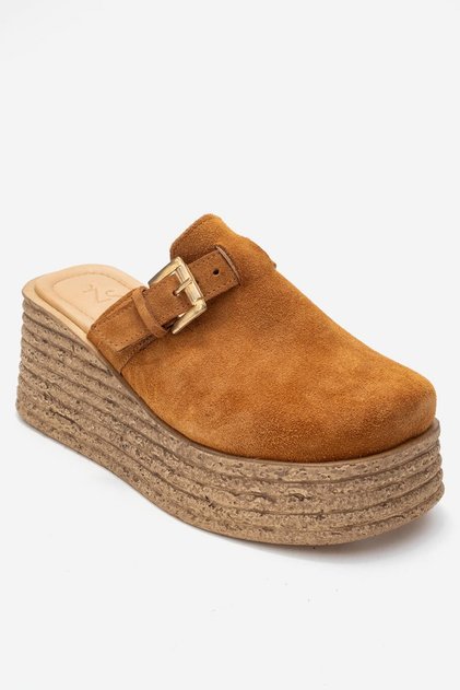 Mia Women's Genuine Leather Wedge Heel Slippers Tan Suede