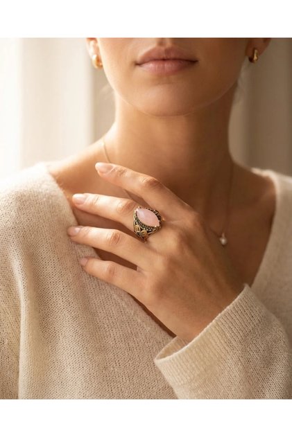 Bronze Ring Authentic Copper Jewelry with Pink Crystal Stone Drop Flower Design Adjustable Vintage Women's Ring