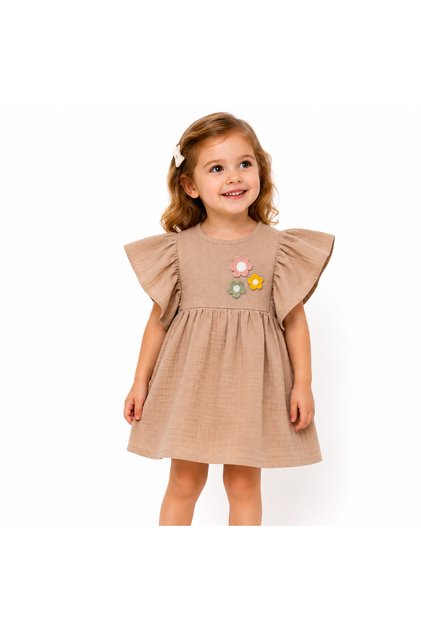Girl's Summer Muslin Dress 100% Cotton Ruffle Sleeves Beige 1-2-3-4 Years Old