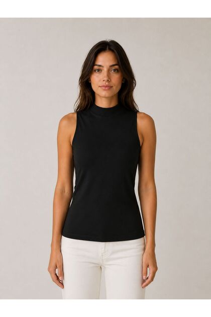 Women's Black Stand Collar Sleeveless Stretch Fabric Basic Single Blouse