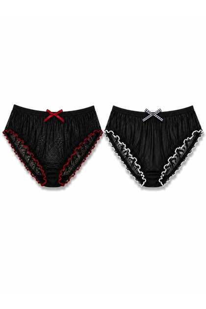 Transparent Tulle Black Ruffled Panties 2-Pack Red & White Detailed