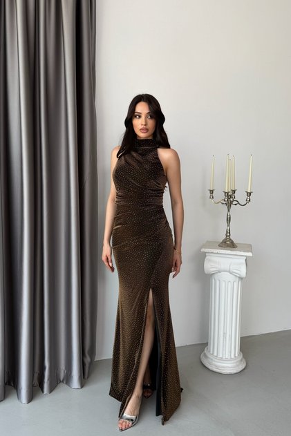 Brown Draped Halter Neck Evening Dress with Stones