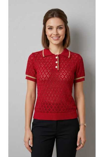 Women's Short-Sleeved Summer Perforated Shiny Stylish Acrylic Shirt Collar Buttoned T-Shirt
