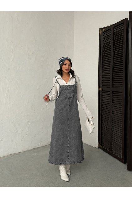 Kar Si̇yah Askili Long Gardener Denim Dress