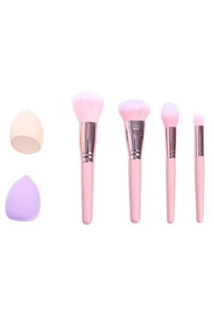 Salon System Makeup Brush Set with Beauty Sponge - 6 Pieces - Assorted Colors - 6 Pieces