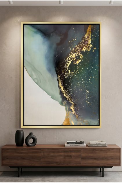 Emerald Coast Abstract Wall Art | Framed Canvas Print with Gold Foil Embossed | Luxury Modern Decor for Living Room, Bedroom, Office & Gift