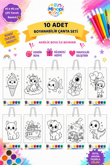10 Adet Boyanabilir Bez Çanta Seti 30x40 cm Çift Taraf Baskılı Akrilik Boyama Etkinlik Seti