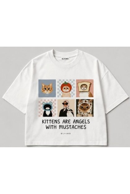 Oversized Cut Short Sleeve Sweet Cats Printed T-Shirt