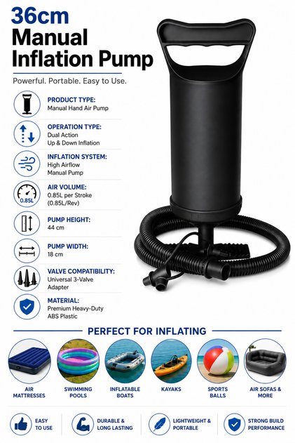 36cm Portable Manual Air Pump for Inflatable Pool, Air Mattress, Swimming Ring, Inflatable Boat, Air Bed, and Balloons