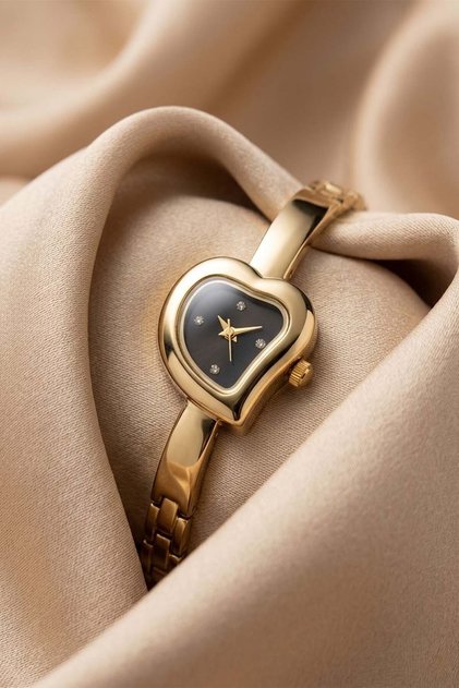 Loves Women's Gold Heart Case Wristwatch with Black Dial Stone Indexes Steel Bracelet Luxury Elegant Minimal Women's Watch 2026