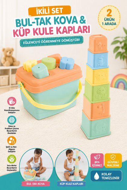 İkili Set Bul-Tak Kova ve Küp Kule Kapları Eğitici Zeka Oyuncağı 12+ Ay İkili Eğitici Oyuncak Seti