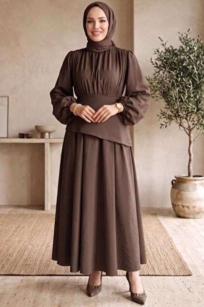 Drawstring Asymmetrical Layered Detailed Hijab Dress - Balloon Sleeve Cape Dress