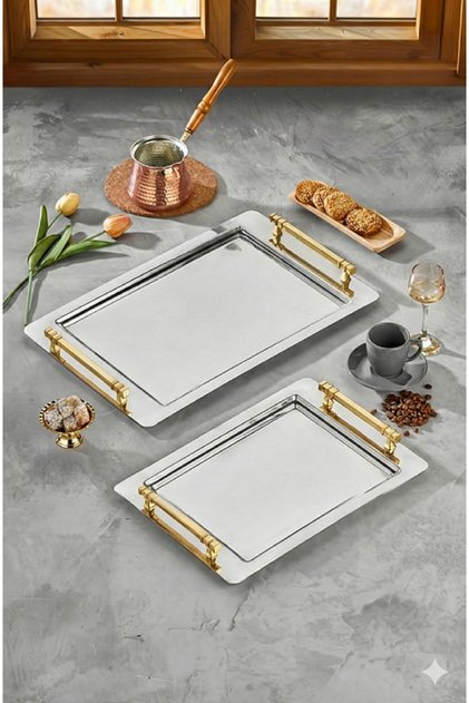 Steel 2-Piece Serving Tray Set - Gold Handle