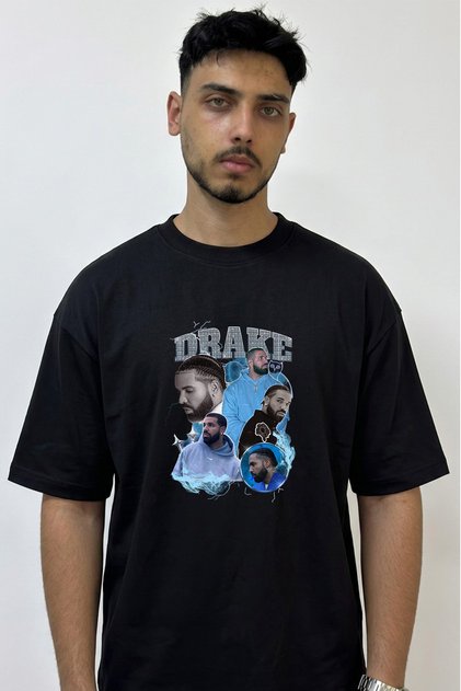 تي شيرت أسود كبير الحجم مطبوع بتصميم Drake_49