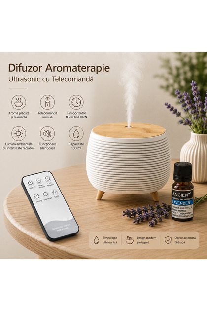 Set Aromaterapie – Difuzor Ultrasonic + 1 Ulei Esențial de lavandă pur