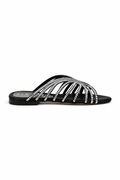 Shine Black Stone Embellished Satin Slippers