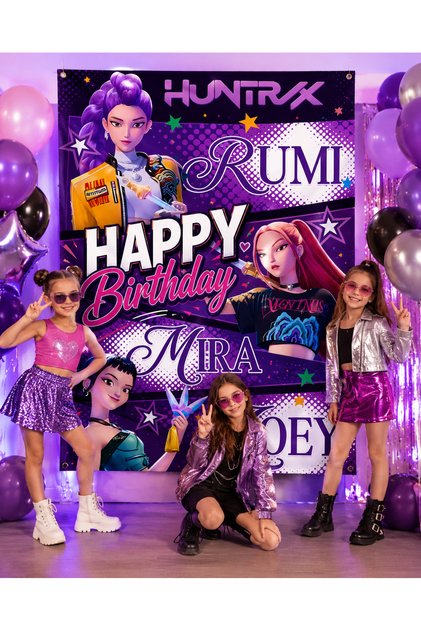 Banner La Mulți Ani – Imprimat pe Pânză Premium, KPop Huntrix Demon Hunters 100 cm x 150 cm