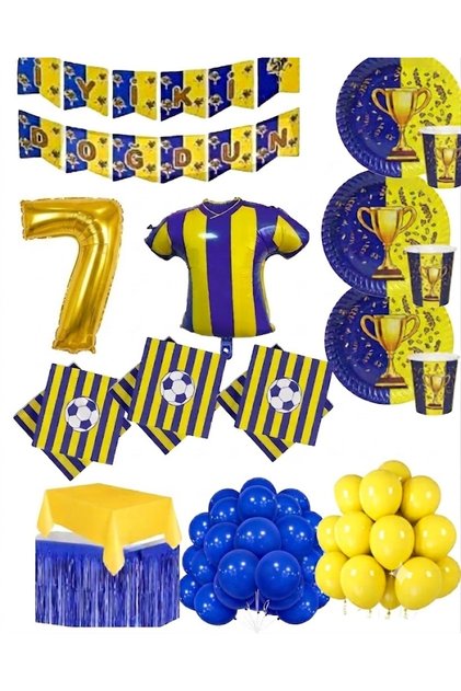 8 Persons Yellow Navy Blue (Fb) Fan-Themed 7-Year-Old Foil Birthday Concept