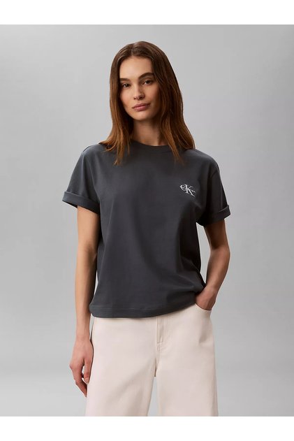 Kadın Normal Kalıp Pamuklu Yuvarlak Yakalı CK Logo Baskılı Kısa Kollu Antrasit T-Shirt