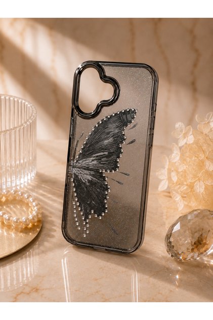 iPhone 17 (6.3 Inch) Compatible Glittery Transparent Butterfly Pattern Color Gradient Processing Stone Detailed Metal Camera Protected Hard Silicone Butterfly Case