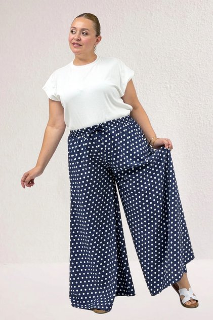 69010 Plus Size Mango Trouser Skirt with Elastic Waist - Navy Blue Polka Dot