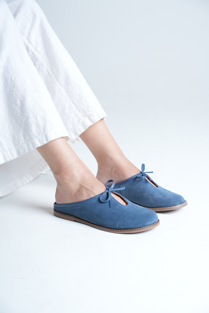 Women's Genuine Leather Flat Slippers with Bow Detail - Blue Suede