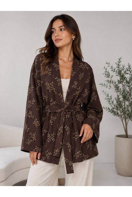 Women's Brown Patterned Belted Slim Short Kimono