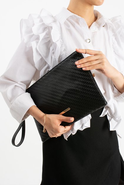 Siyah Örgülü Kadın Suni Deri Bilek Askılı Tablet Boy Clutch Çanta