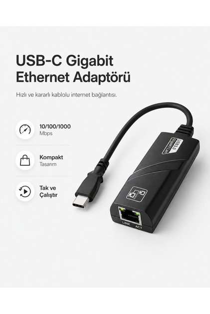 USB-C to Ethernet Dönüştürücü Adaptör Gigabit RJ45 Lan İnternet Kablosu Çevirici 1000 Mbps Hızlı Kararlı Bağlantı Type C Macbook PC