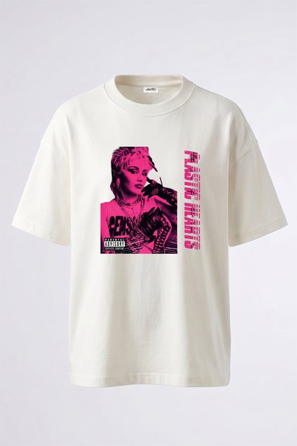 Miley Cyrus Design Printed Oversize White T-Shirt