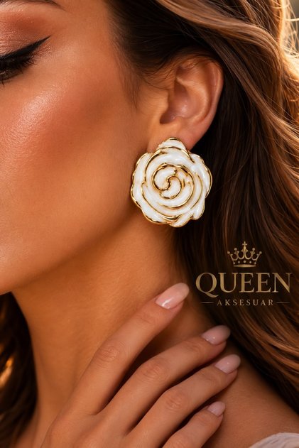 Zarif lüks büyük gold altın büyük beyaz gül çiçekli küpe vintage rose