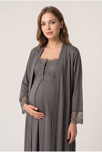Women's Smoked Lace Special Design New Season 2-Piece Maternity Nightgown Set with Dressing Gown