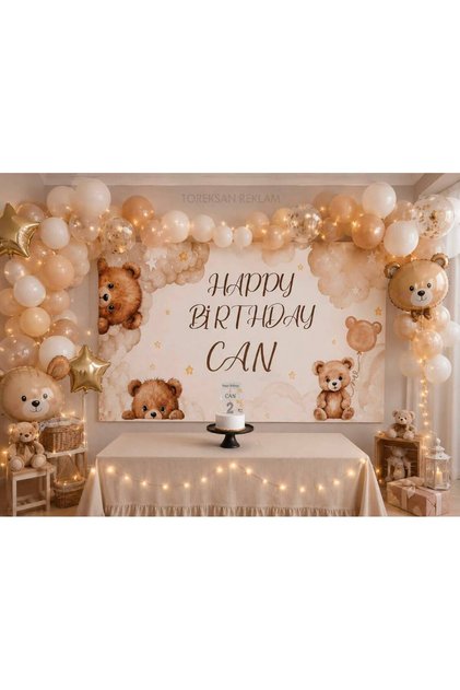 Kişiye Özel Ayıcık Temalı Doğum Günü Afişi 70x100 | İsimli Happy Birthday Banner | Branda Arka Fon