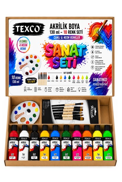 Texco Akrilik Boya Seti 10 Renk 130 ML Canlı Neon Renkler Rich Karma Fırça Seti 6lı Sanat Seti