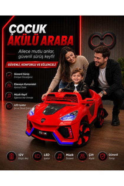 12V Çift Kişilik Çocuk Akülü Araba – LED Işıklı, Müzikli ve Ebeveyn Kumandalı Kırmızı Model